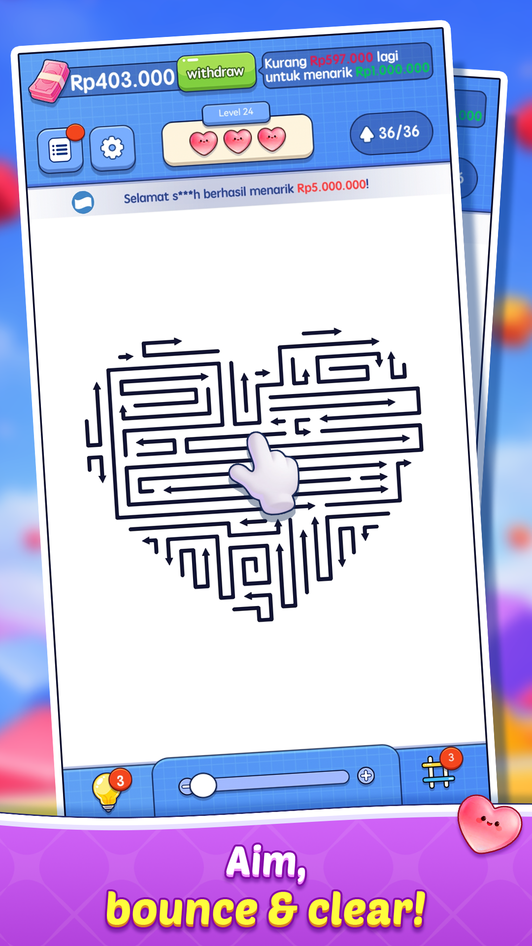 Cash Arrows in-game screenshot: arrow puzzle board with directional paths